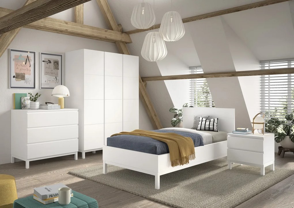 Set Mobilier Cameră Copii EVA: Pat 90x200 cm, Noptieră, Dulap 3 Uși și Comodă, Alb – Vipack