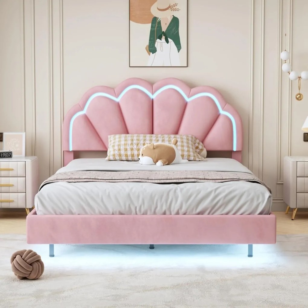 PARC7 - Pat tapitat cu LED, 140 x 200 cm - patut copii, fetite - Catifea Roz sau Crem