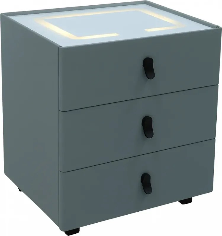 RESIGILAT- Noptieră inteligentă, încărcare Wireless și port USB+USB C, 3 sertare, 3 tipuri de iluminare LED touch, 3 tipuri de culoare, sticla securizata, Gri