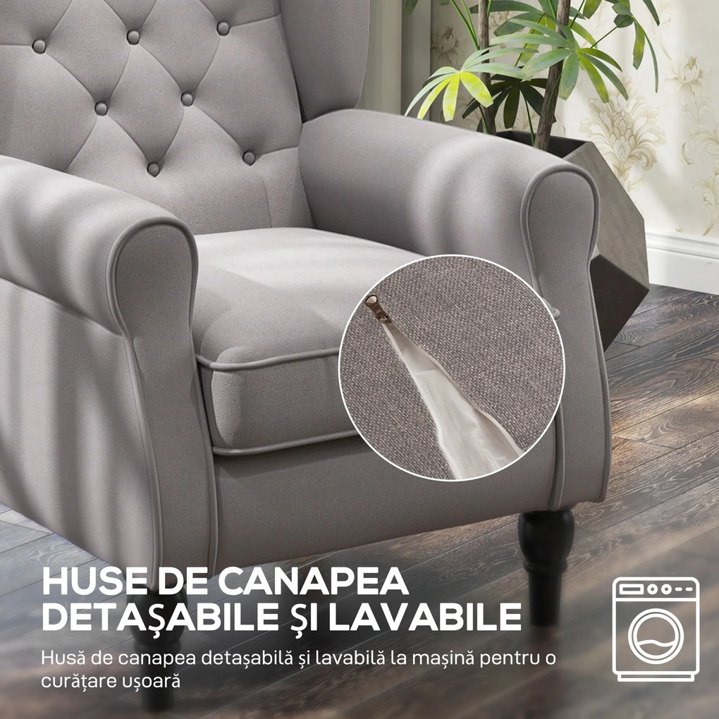 HOMCOM Fotoliu Chesterfield, Tesatura Detașabilă, Confortabil, Gri, 74x86x102cm | Aosom Romania