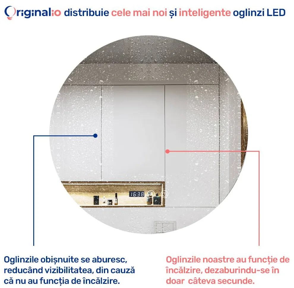 Oglindă LED Rotundă (70 cm), 3 Moduri Iluminare (Lumină Rece, Naturală, Caldă), Intensitate Reglabilă, Funcție Dezaburire, Ceas (Timer) și Termometru, Control Tactil (Touch)