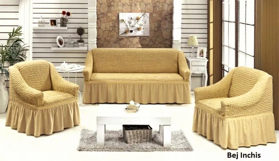 Set huse elastice si creponate pentru canapea 3 locuri si 2 fotolii, cu volanas, culoare Bej Inchis
