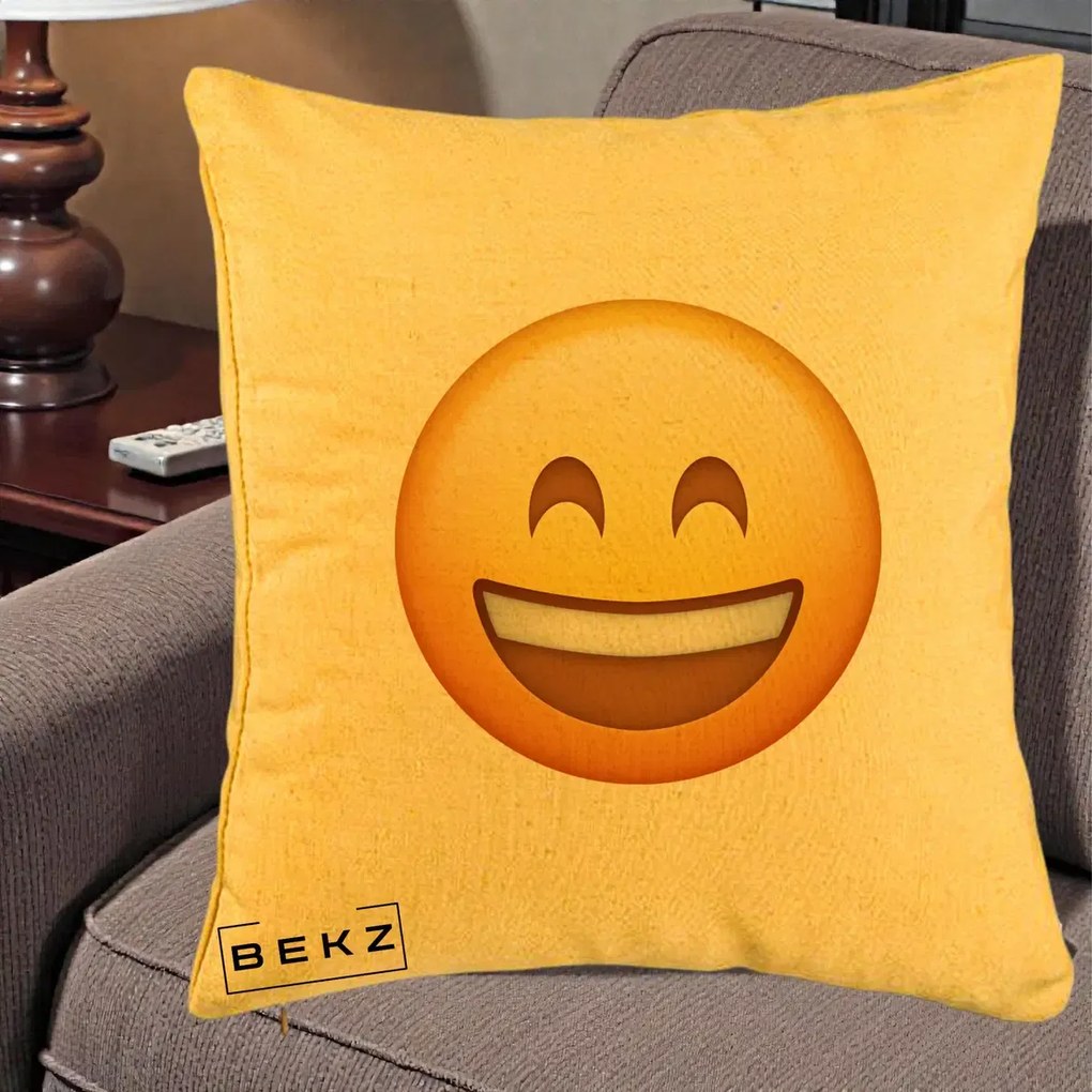 Perna Decorativa Emoji Zambet Mare, 40x40 cm, Galben, Husa Detasabila, Perna Inclusa, BEKZ®