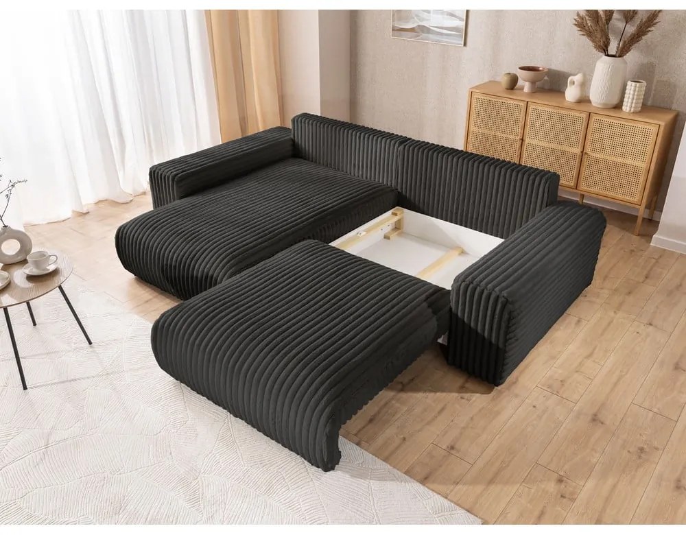 Colțar gri închis extensibil, cu spațiu de depozitare, cu tapițerie din catifea reiată (cu colț pe partea stângă) Sarina – Ropez