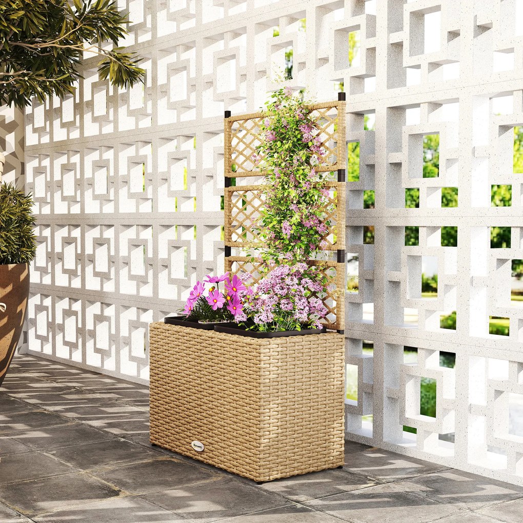 Outsunny Jardiniieră pentru plante cu trei băci în rășină împletită și oțel 57 x 30 x 107 cm nisip | Aosom Romania