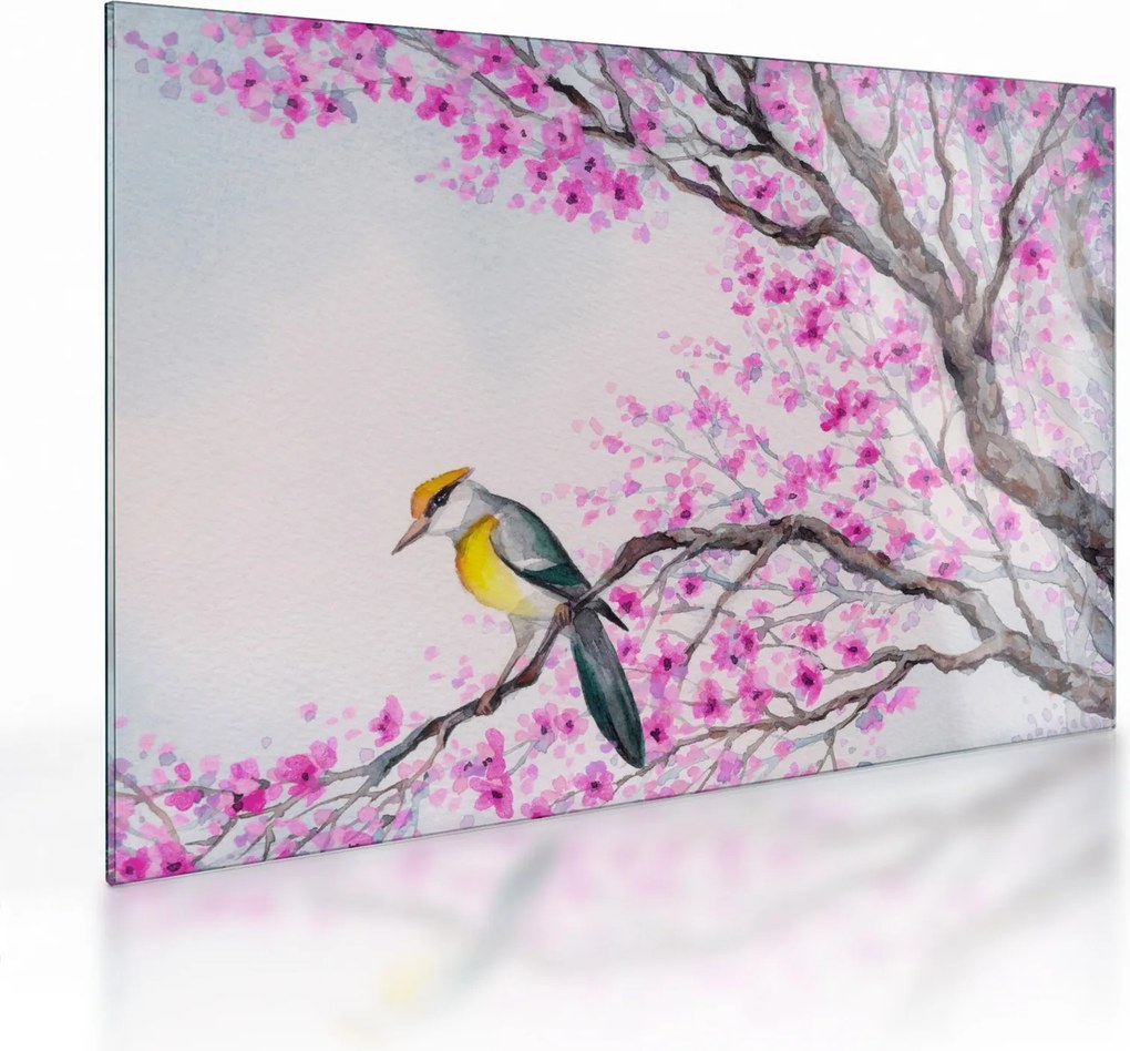 Tablou pe sticlă - Pasăre pe un copac cu flori roz (70x50 cm)