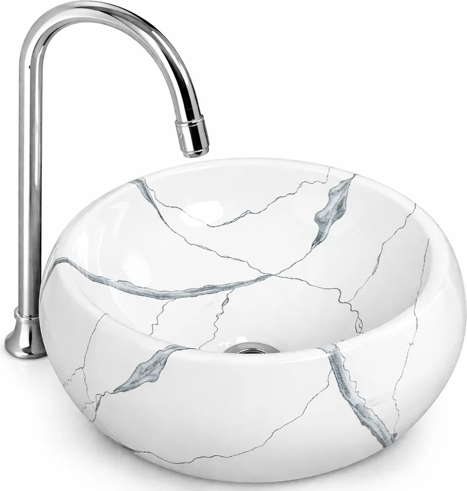 BARI-M || Lavoar montat pe blat, ceramică, alb, cu model marmură, rotund