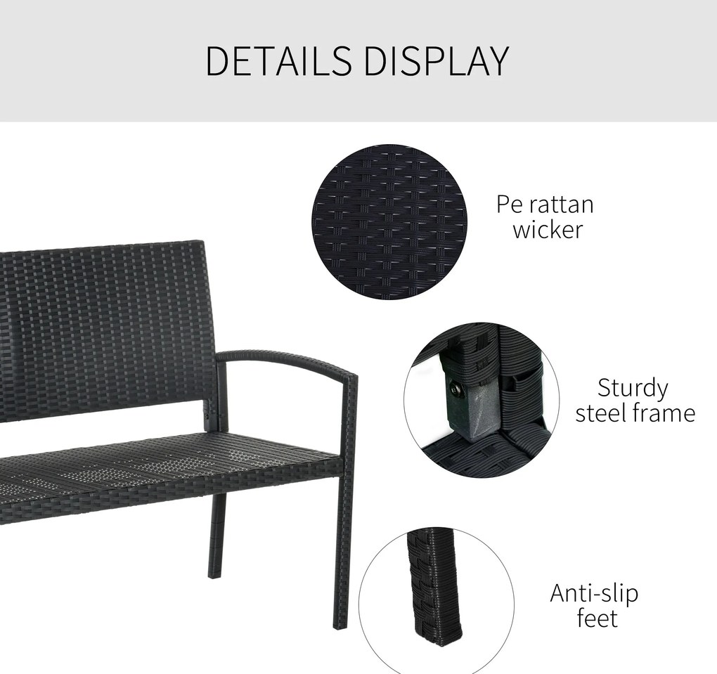 Outsunny Banca de Gradina si de Exterior din Ratan Banca din Ratan Negru 2 Locuri, 122x60x87cm