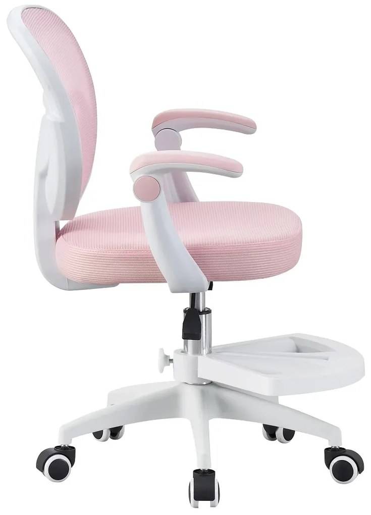 RESIGILAT- Scaun ergonomic pentru copii, spatar Mesh, cotiere rabatabile, inaltime reglabila, suport picioare reglabil, rotativ, Roz
