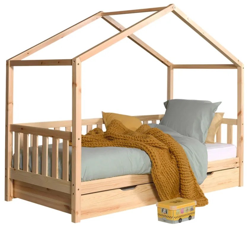 Set DALLAS culoare lemn natural format dintr-un Pat copii Vipack cu gard (90 x 200 cm) și un sertar.