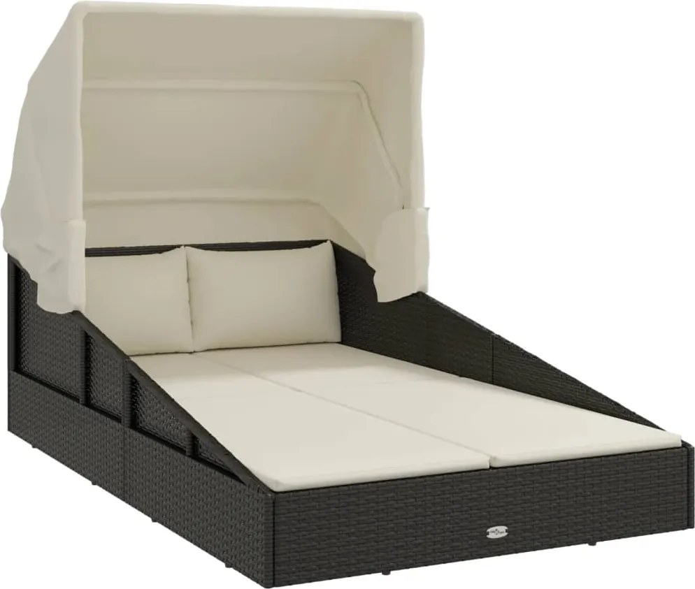 vidaXL Șezlong cu acoperiș pliabil, negru, 200x114x128 cm, poliratan