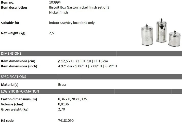 Set de 3 cutii pentru biscuiti design LUX Gaston, nickel 103994 HZ