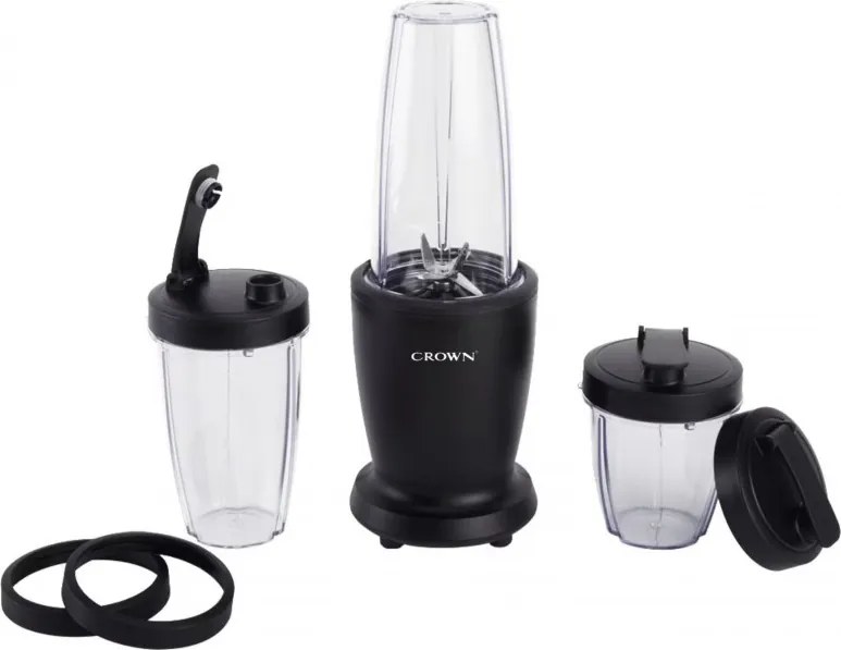 Blender Crown CTB-1000, 300 W, 4 lame, 3 pahare cu capace – 300/480/540 ml, Functie Pulse, Negru