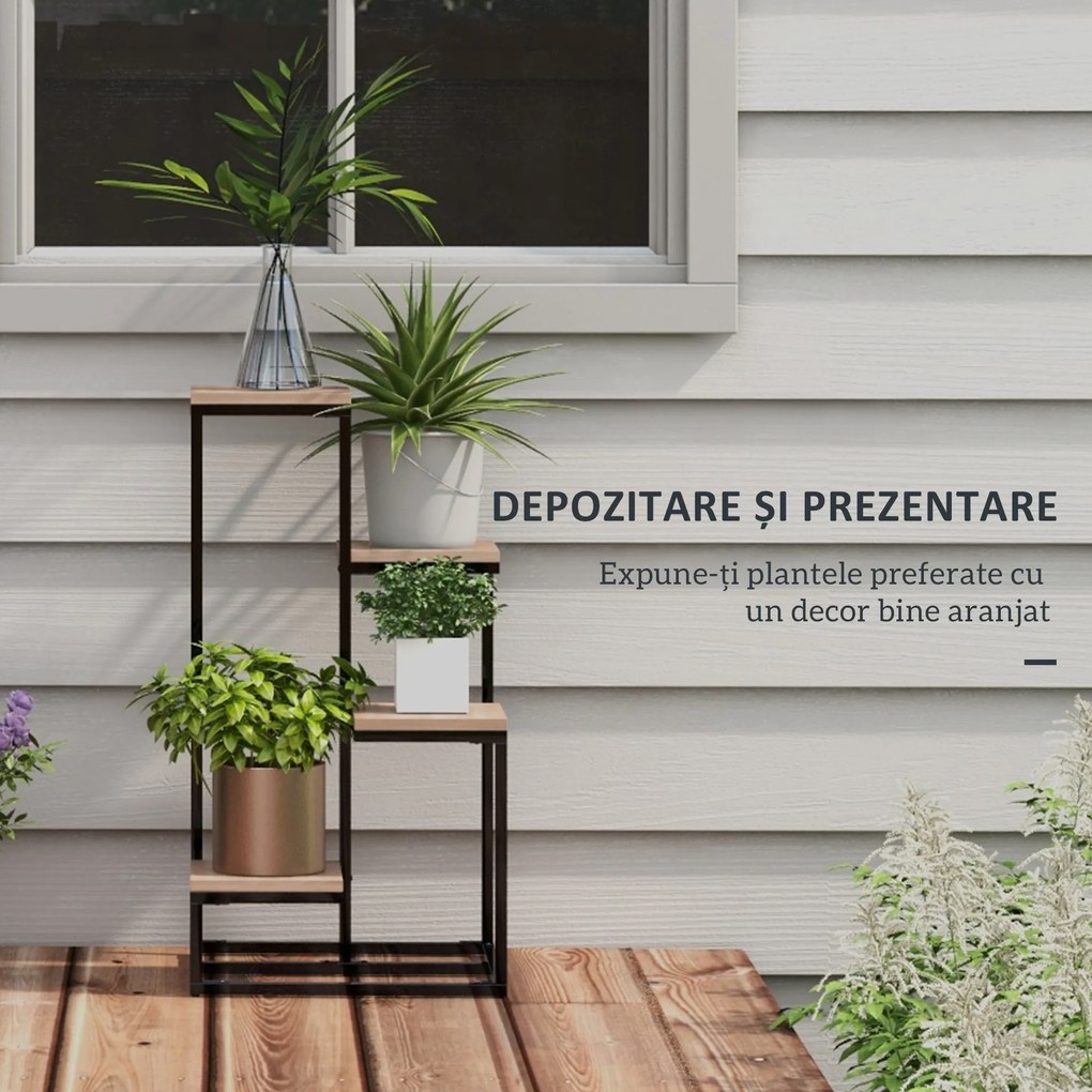 Outsunny Stand de Flori pe 4 Niveluri, Raft de Colt pentru Plante, Suport de Expunere pentru Ghivece, pentru Camera de Zi, Terasa, Balcon, Maro