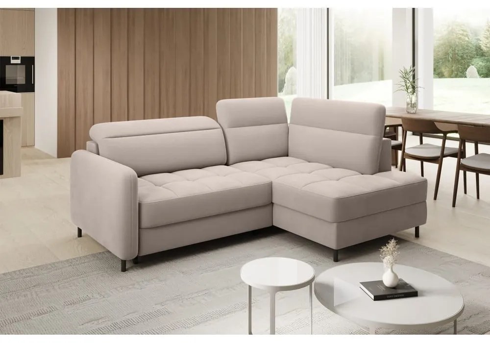 Colțar maro deschis extensibil/cu spațiu de depozitare cu tapițerie din catifea (cu colț pe partea dreaptă/în formă de ”L”) Barea – ELTAP