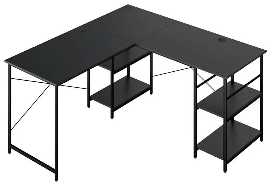 Birou in forma de L, cu rafturi, transformabil, negru