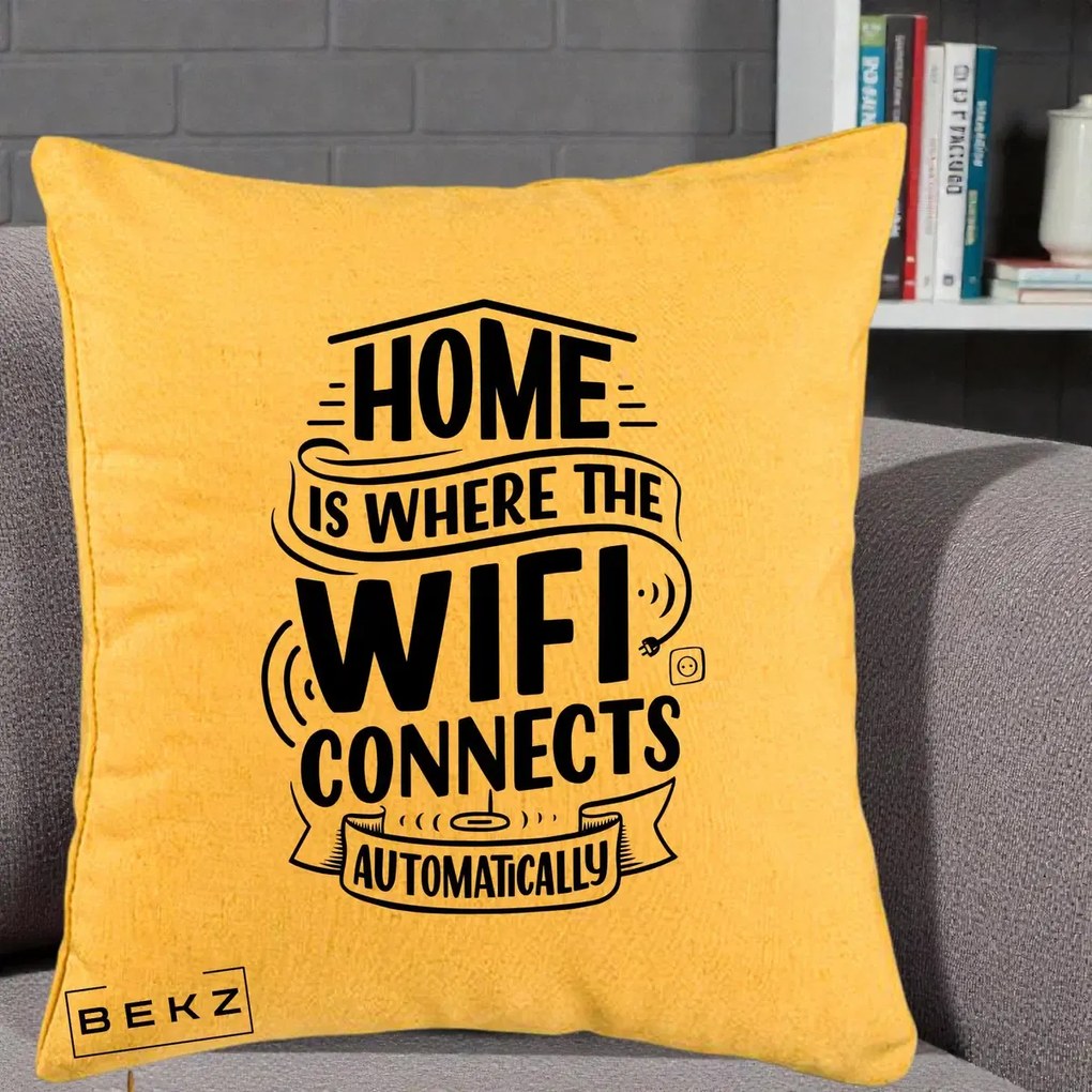 Perna Decorativa Home Is Where WiFi Connects, 40x40 cm, Galben, Husa Detasabila, Perna Inclusa, BEKZ®