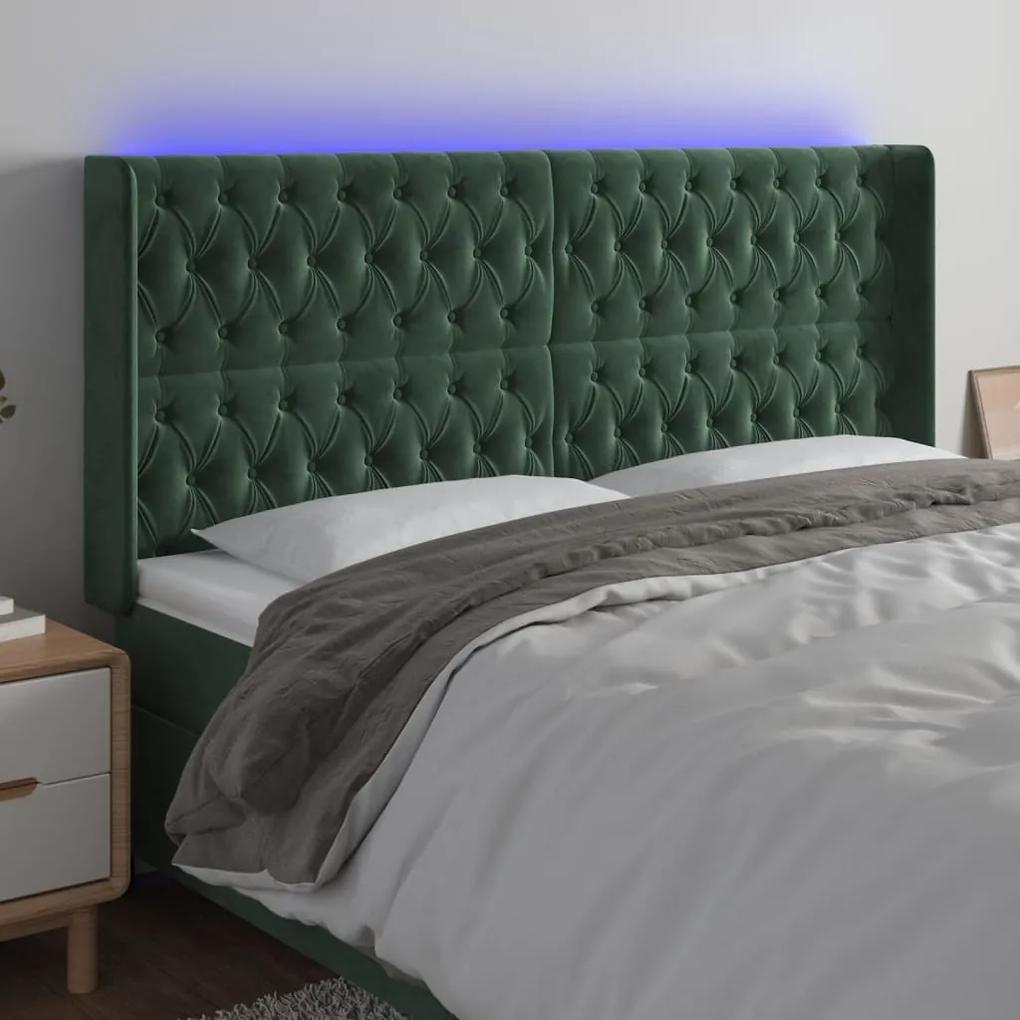 3124447 vidaXL Tăblie de pat cu LED, verde închis, 183x16x118/128 cm, catifea