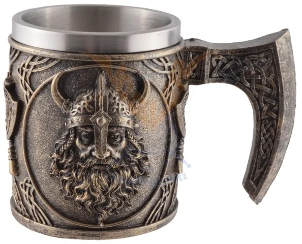 Halba finisaj bronz Viking cu topoare si cap de razboinic, 350 ml, cupa detasabila din inox
