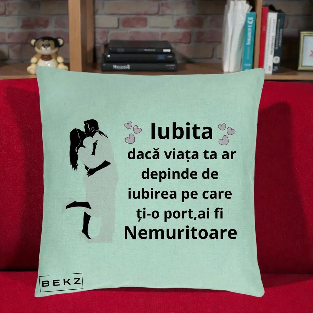 Cadou pentru Iubita - Perna Personalizata Iubita Nemuritoare cu Siluete de Cuplu, 40x40 cm, Verde Menta, Husa Detasabila, Perna Inclusa, BEKZ®