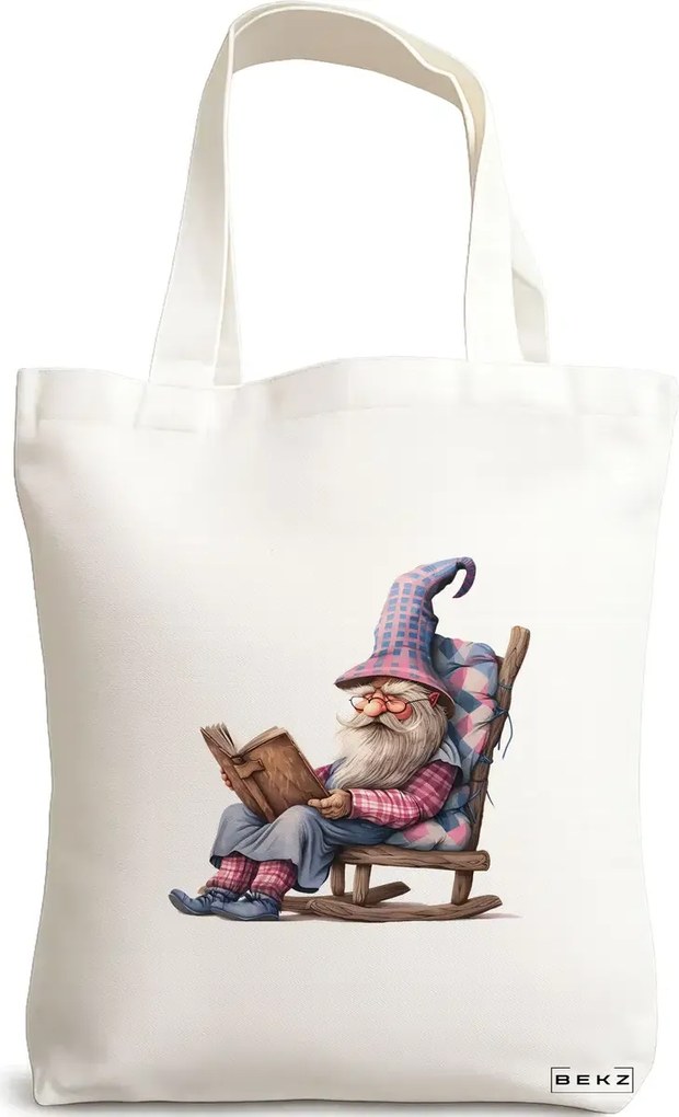 Sacosa de Panza pentru Cumparaturi, Geanta Tote, model The Bookish Gnome 8 38 x 34.5 cm, Alba, BEKZ®