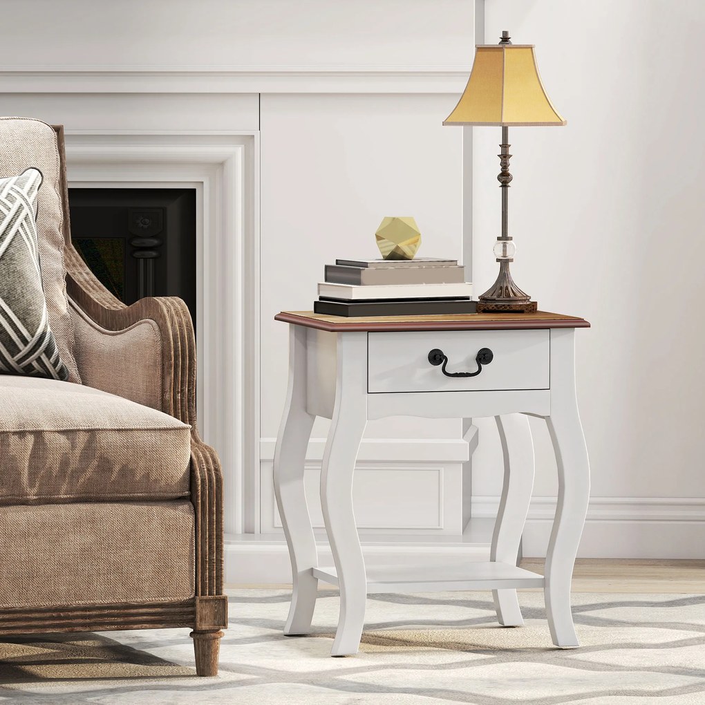 HOMCOM Noptieră Modernă cu Sertar și Raft Deschis din Lemn Alb și Lemn Natural | Aosom Romania