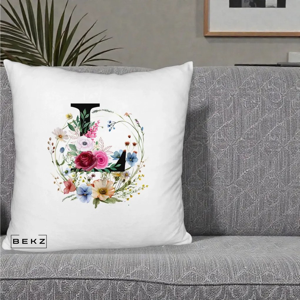 Cadou Personalizat - Perna Personalizata Monogram Litera L cu Flori Acuarela, 40x40 cm, Alb Pufos, Husa Detasabila, Perna Inclusa, BEKZ®