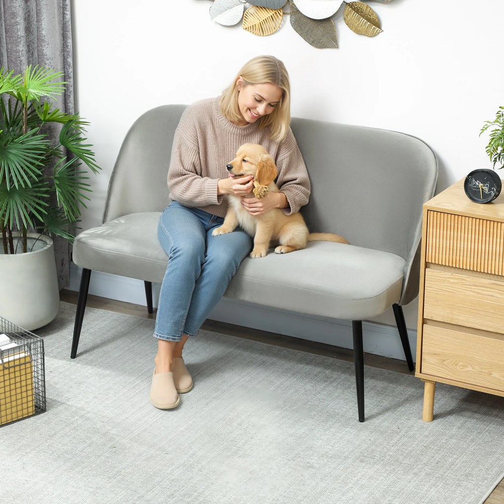 HOMCOM Canapea 2 locuri, canapea modernă tapițată cu cadru din metal și lemn, tapițerie cu aspect de catifea, Gri | Aosom Romania