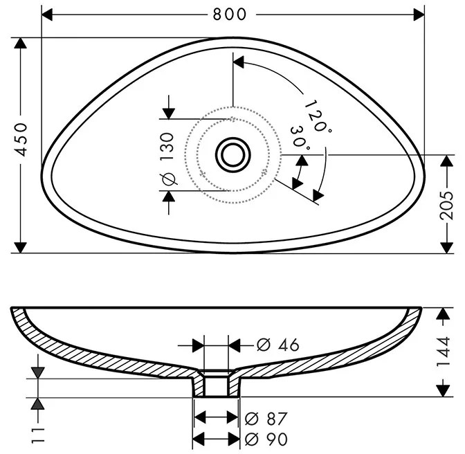 Lavoar pe blat, Axor, Massaud, asimetric, 80 x 45 cm, alb, 42300000