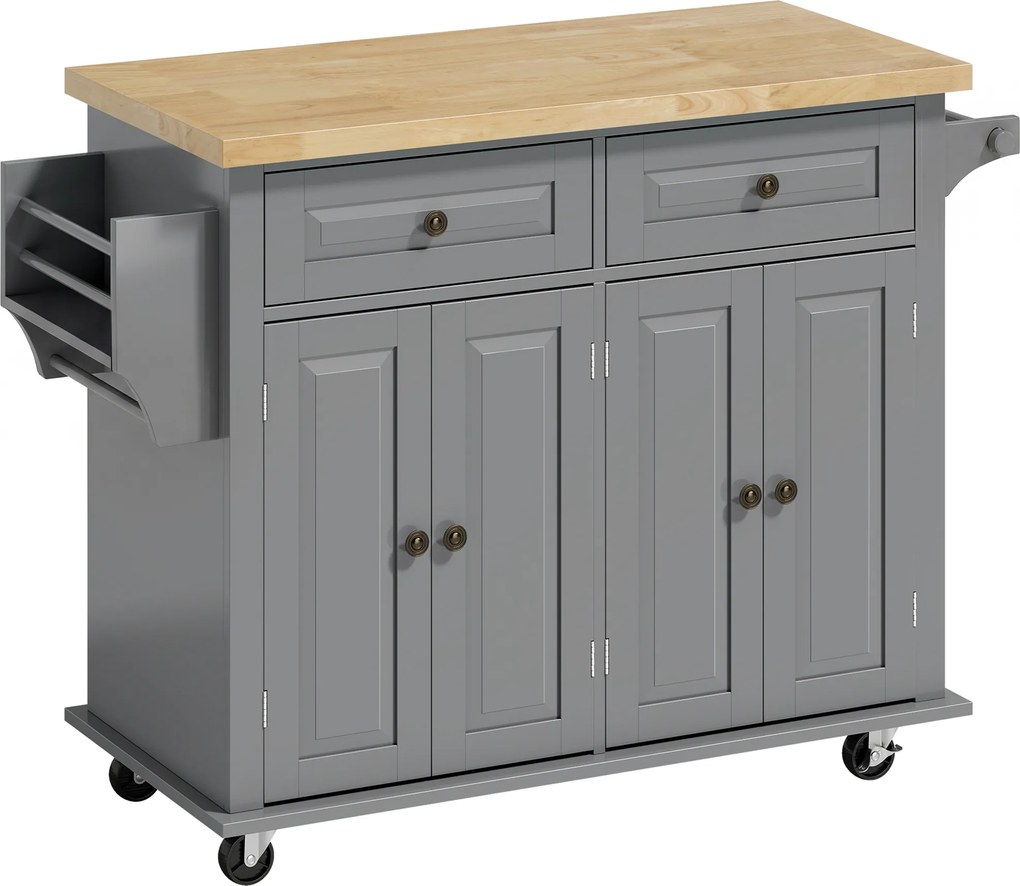 HOMCOM Căruț de Bucătărie cu 2 Sertare și 2 Dulapuri, Insulă de Bucătărie cu Blat din Lemn, 111x44,5x82,5 cm, Gri | Aosom Romania