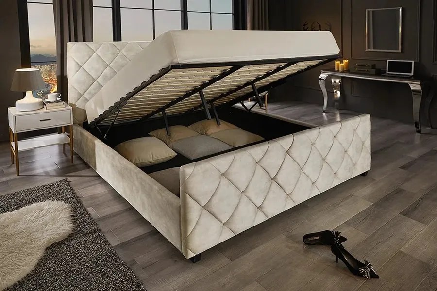 Pat ELYSIUM 180x200cm catifea bej sampanie cu spatiu de depozitare