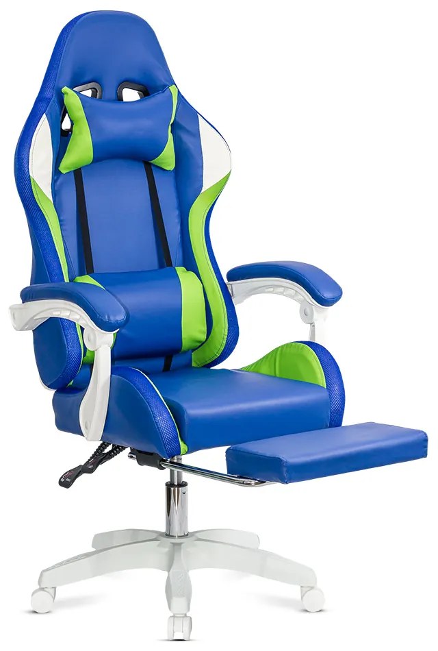 Scaun gaming albastru piele ecologica cu suport picioare si banda LED RGB OFF 298