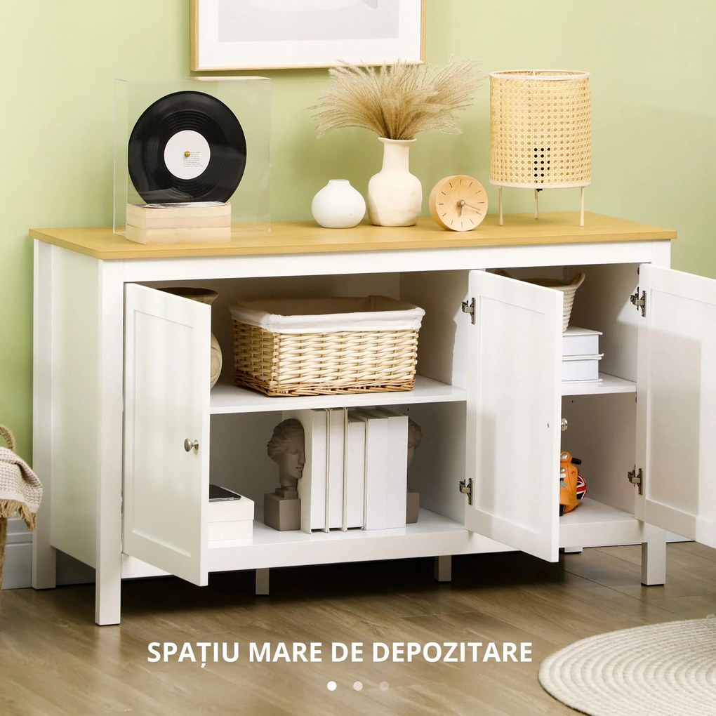 HOMCOM Credență de Bucătărie cu 3 Uși, Mobilier Modern de Bucătărie cu Raft Reglabil, Credență Tip Bufet pentru Sufragerie, Sala de Mese și Salon, 120x40x70 cm, Alb și Culoare Lemn | Aosom Romania