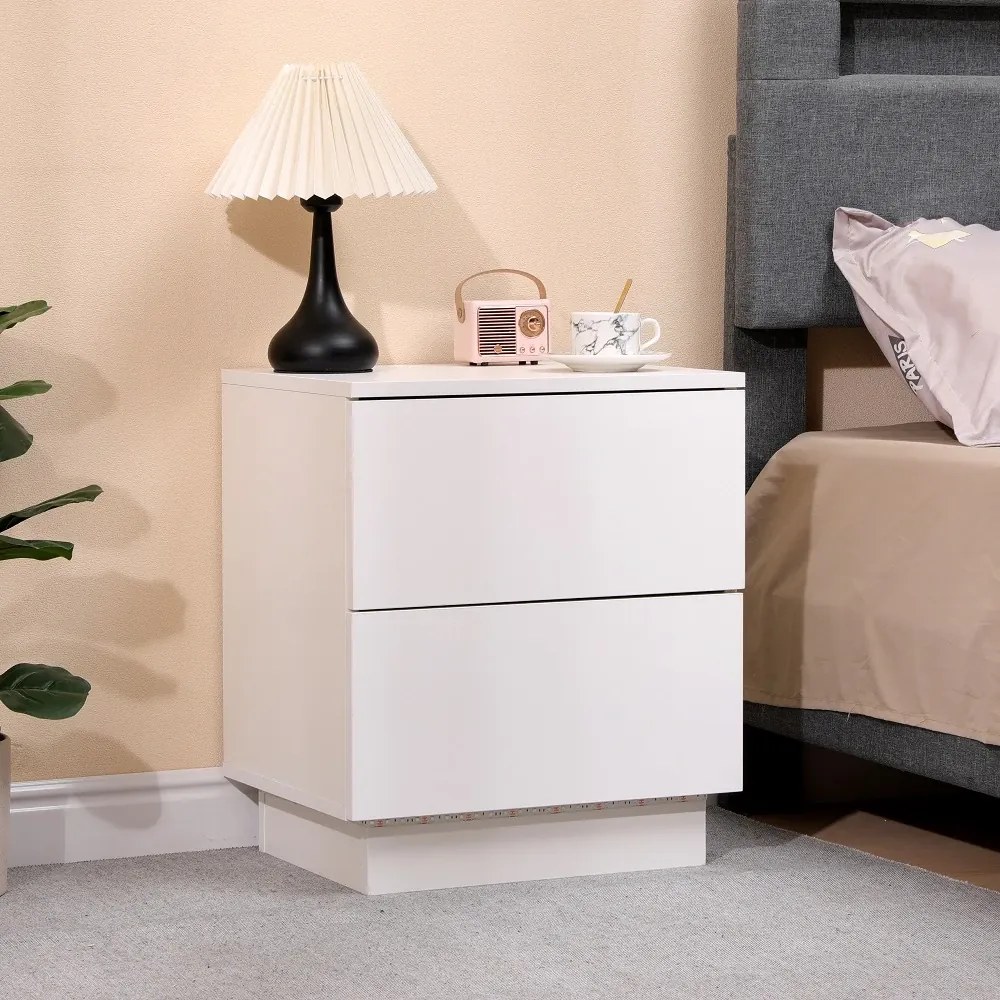 Noptieră cu 2 sertare, iluminare LED, telecomanda, Alb, 45x35x52 cm