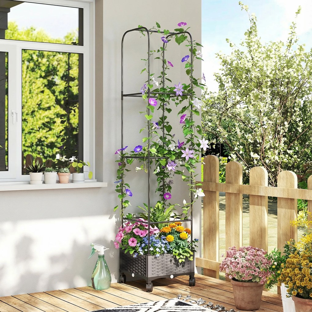 Outsunny Jardinieră Înălțată Autoirigantă din Metal cu Spalier de 185 cm, cu 4 Roți Blocabile pentru Plante Cățărătoare, Recipient cu Găuri de Drenaj pentru Legume și Flori, Negru | Aosom Romania