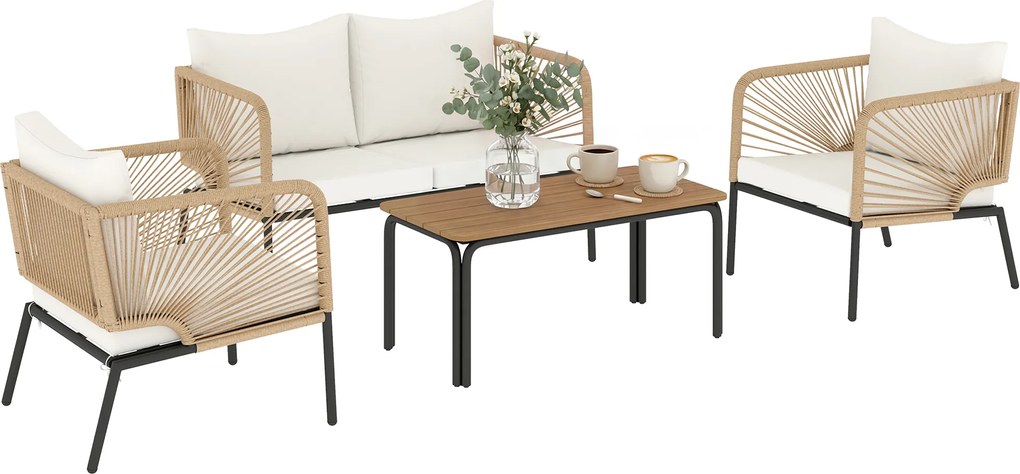 Outsunny Set mobilier de grădină, grup de șezut pentru 4 persoane, lounge cu sofă 2 locuri, 2 fotolii, masă cu lamele, împletitură tip sfoară, perne lavabile | Aosom Romania