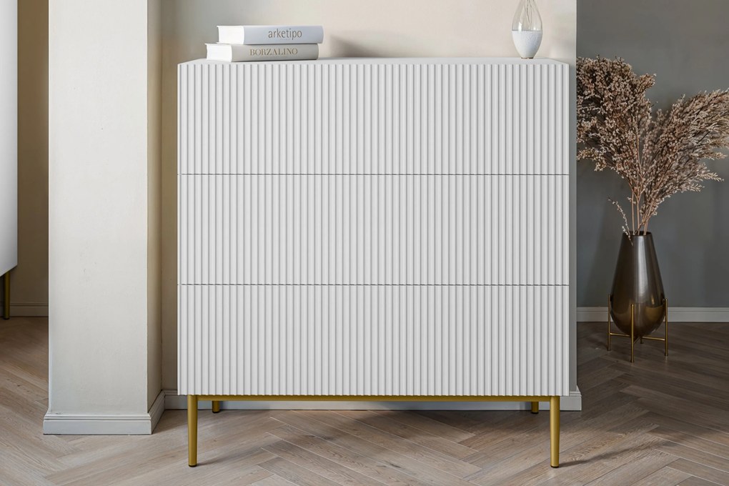 Comoda Nicole cu trei sertare cu picioare metalice 100 cm - alb mat / picioare aurii