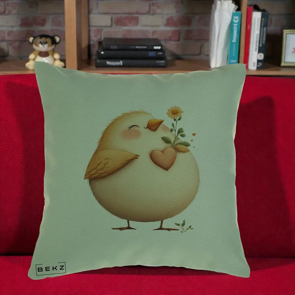 Perna Decorativa Pui cu Inima si Floarea-Soarelui, 40x40 cm, Verde, Husa Detasabila, Perna Inclusa, BEKZ®