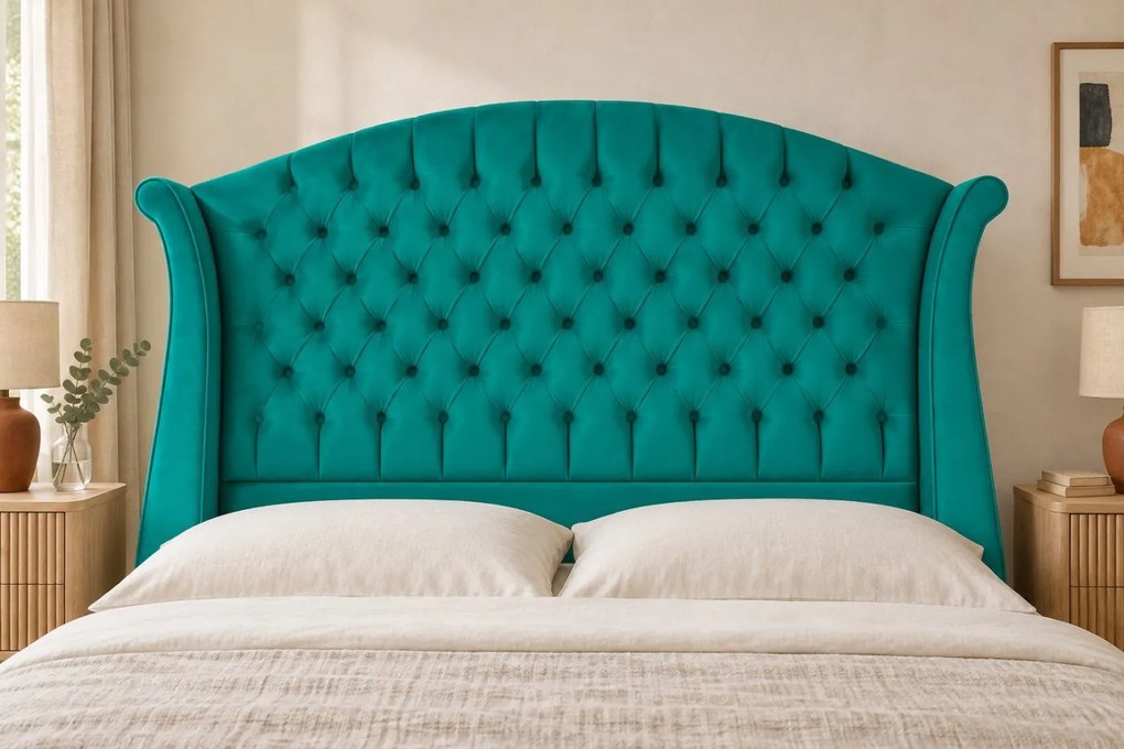 Pat tapițat Chesterfield din catifea Sorella Simple 160×200 cm, turcoaz, cu ladă de depozitare