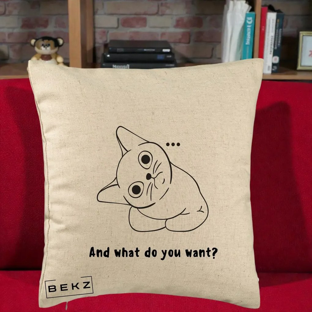Perna Decorativa And What Do You Want Cat, 40x40 cm, Bej, Husa Detasabila, Perna Inclusa, BEKZ®