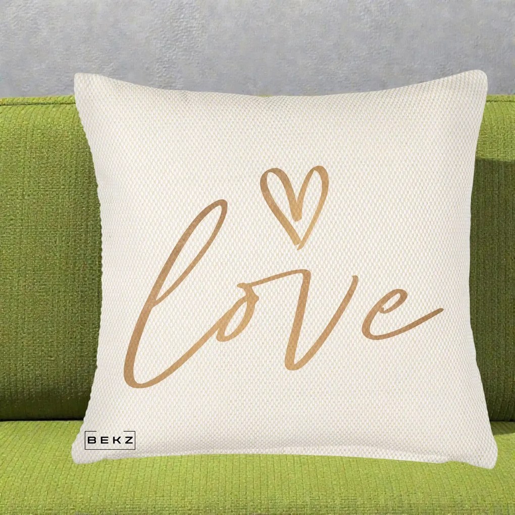 Perna Decorativa Love Caligrafie Aurie, 40x40 cm, Crem Reliefat, Husa Detasabila, Perna Inclusa, BEKZ®