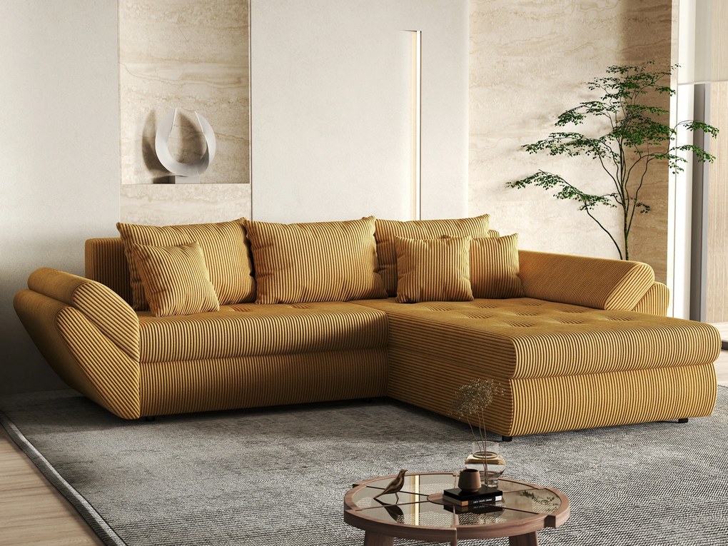 Colțar extensibil dumonde cu ladă de depozitare si sezut confortabil din spuma high-density, Loana Zoom Mustar II 270x185 cm