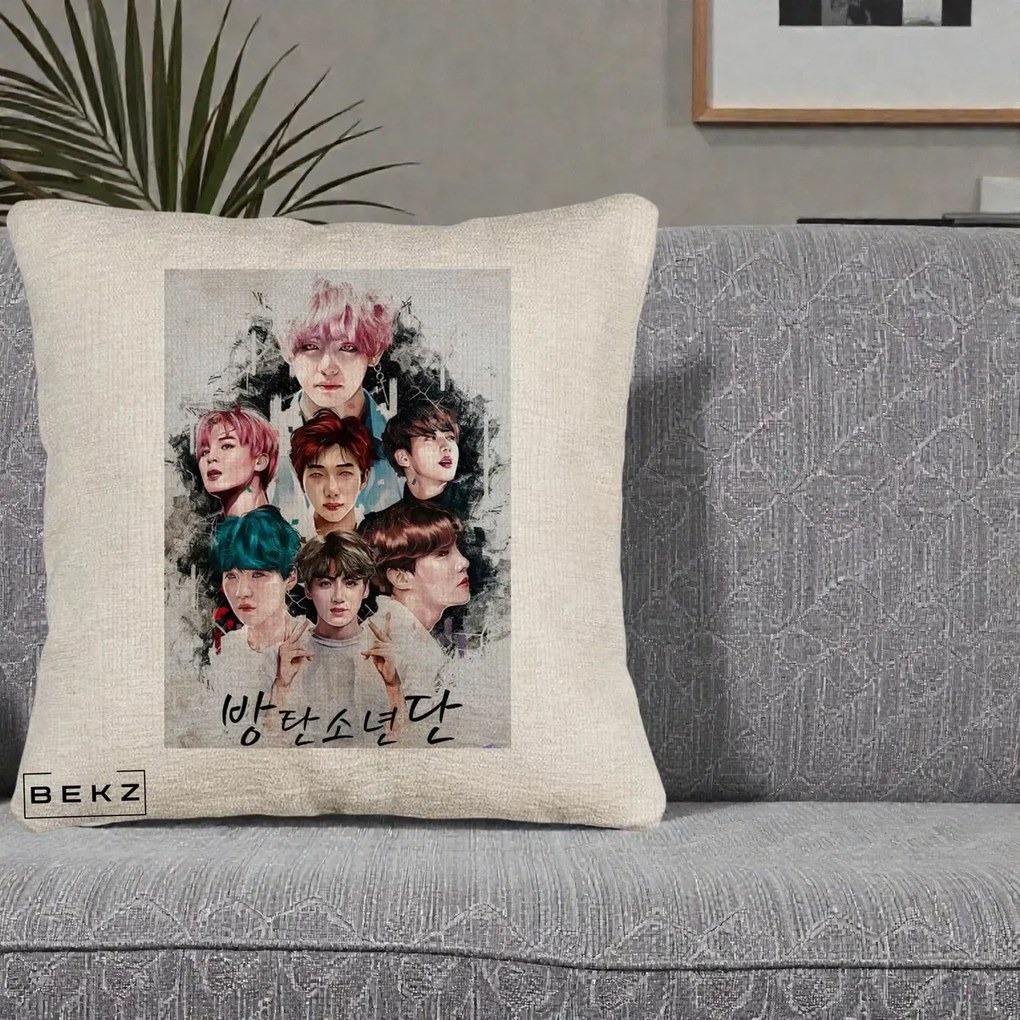Perna Personalizata K-pop BTS Bangtan Boys Poster Artistic Negru Alb, 40x40 cm, Bej Canapea, Husa Detasabila, Perna Inclusa, BEKZ®