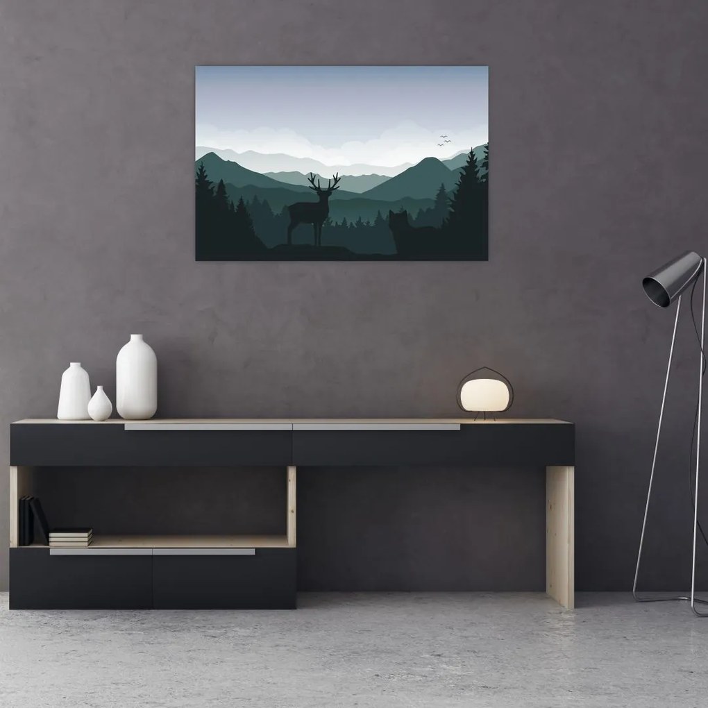 Tablou - Cerb cu lup pe stânci (90x60 cm)