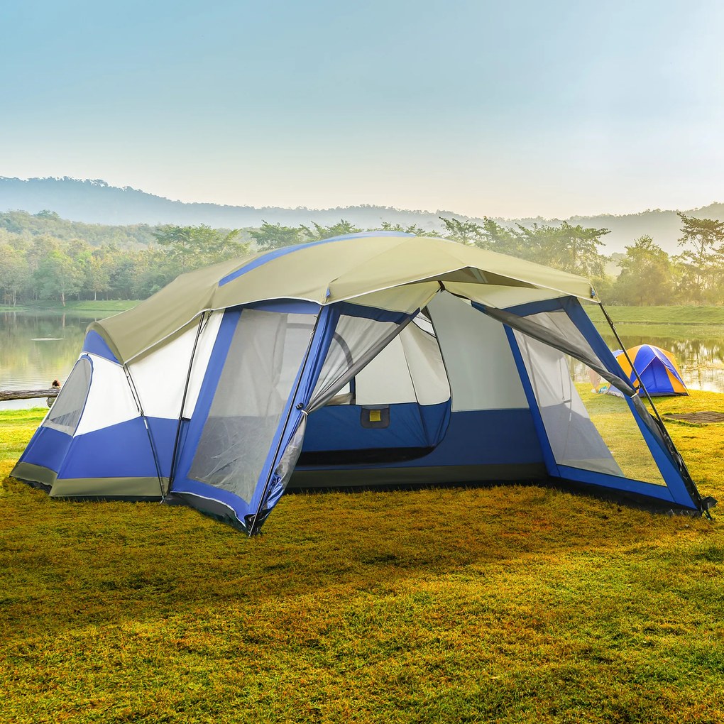 Outsunny Cort camping 6-8 persoane Cort familial cu vestibul 2 ferestre Cort cupolă piele ecologică3000mm pentru trekking festival fibră de sticlă Albastru 518 x 487 x 237 cm | Aosom Romania