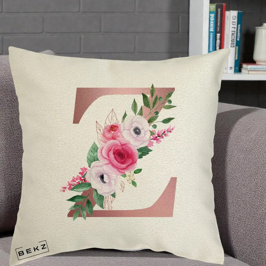 Cadou Personalizat - Perna Personalizata Monograma Rose Gold Litera Z, 40x40 cm, Ecru, Husa Detasabila, Perna Inclusa, BEKZ®