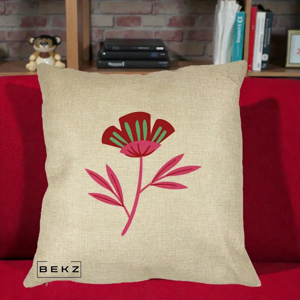 Perna Decorativa Floare Macul Roz-Rosu Grafic, 40x40 cm, Crem, Husa Detasabila, Perna Inclusa, BEKZ®