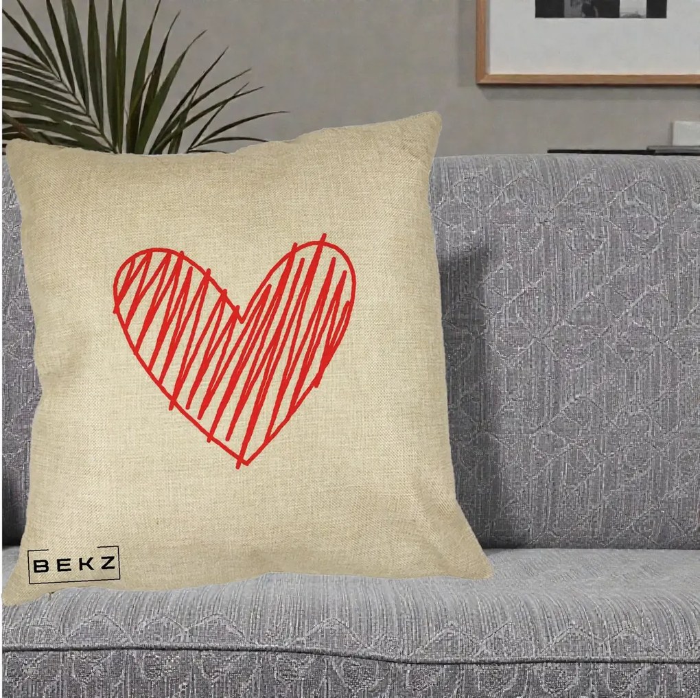 Perna Decorativa Inima Rosie Desen Manual, 40x40 cm, Crem, Husa Detasabila, Perna Inclusa, BEKZ®