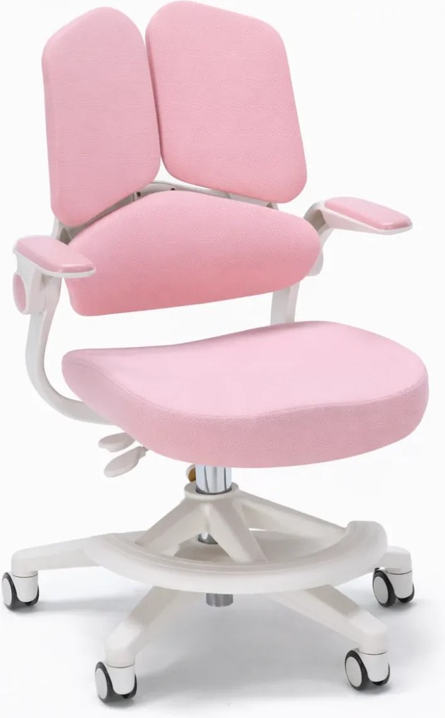 ErgoMotion Junior – Scaun Ergonomic pentru copii, Reglaje Multiple, Ajustare Personalizată, Adaptabil pe măsura creșterii, Suport Lombar 3 Zone, Roți Blocabile, Roz