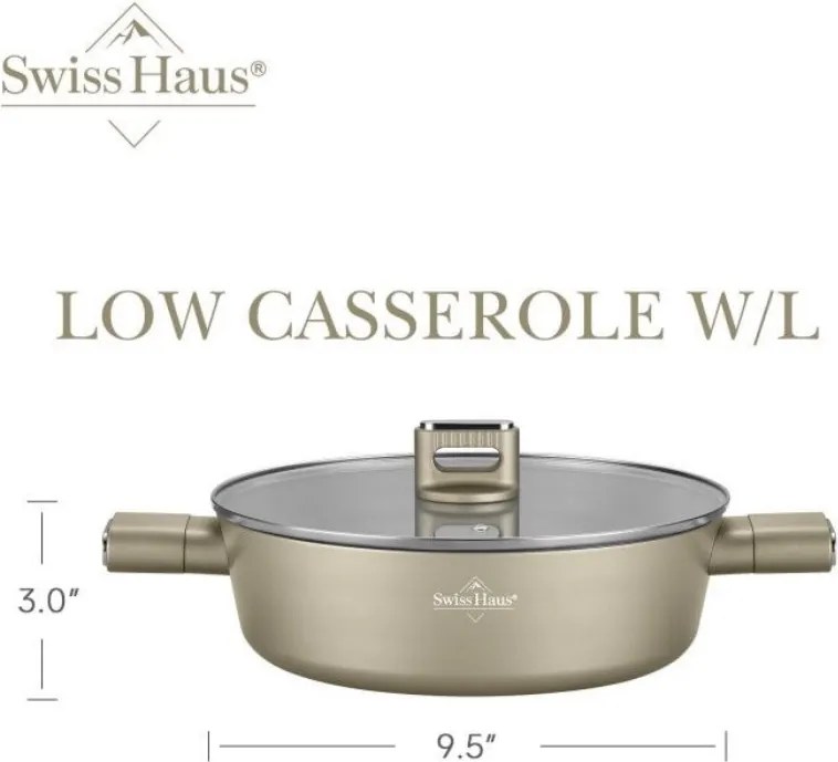 Oală joasă Swiss Haus SH-SCLC24CH, 2,8 l, 24 cm, acoperire ceramică Sapphire, cuptor până la 160 °C, inducție, culoare șampanie